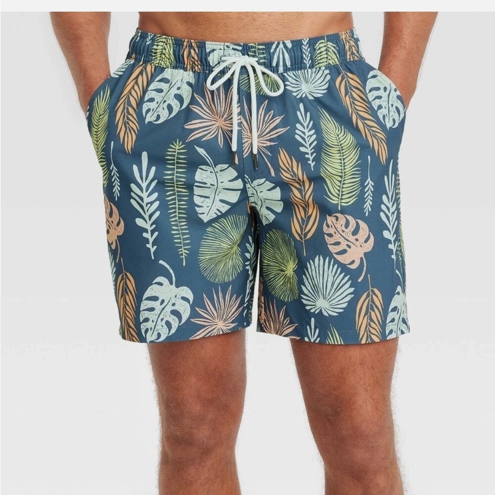 Goodfellow & Co. Men's Swim Shorts Trunks with Liner 7" Navy Leaf new 🆕